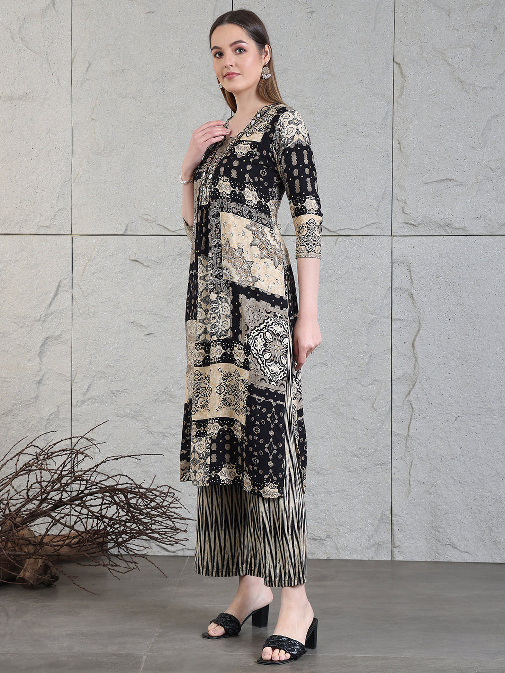Hand Embroidered & Printed Kurta With Palazzo Pants, Black - Hiral Fashion | Grocsy