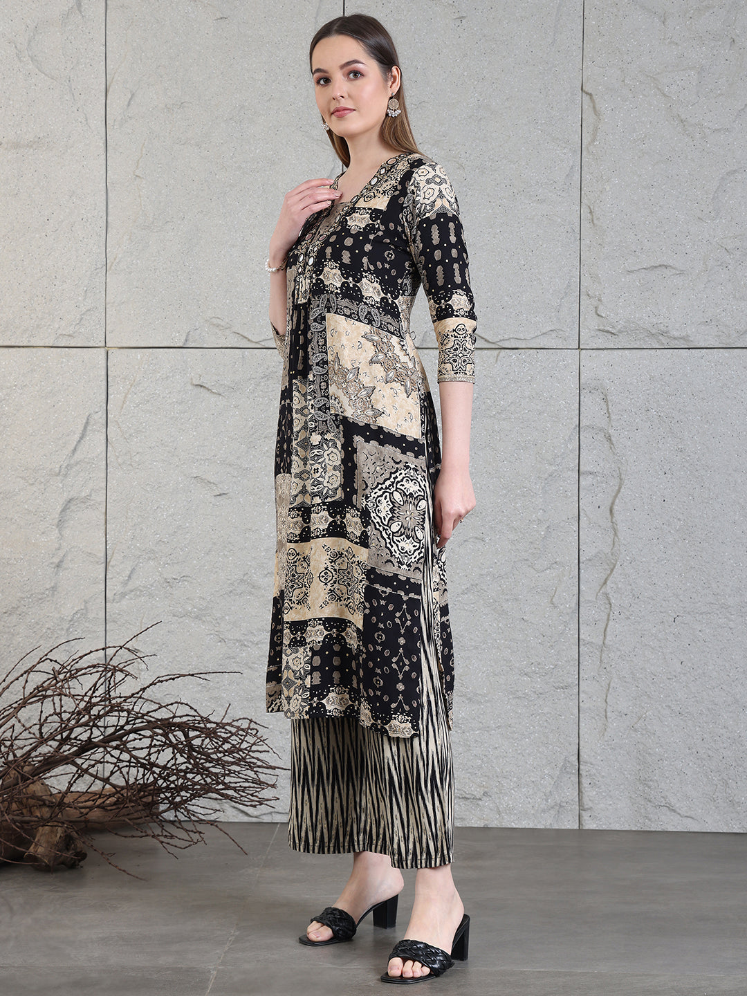 Hand Embroidered & Printed Kurta With Palazzo Pants, Black - Hiral Fashion | Grocsy