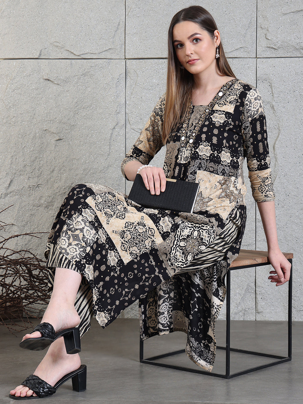 Hand Embroidered & Printed Kurta With Palazzo Pants, Black - Hiral Fashion | Grocsy