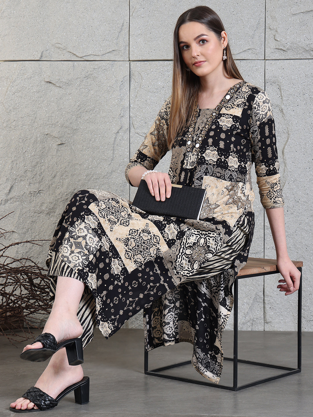 Hand Embroidered & Printed Kurta With Palazzo Pants, Black - Hiral Fashion | Grocsy