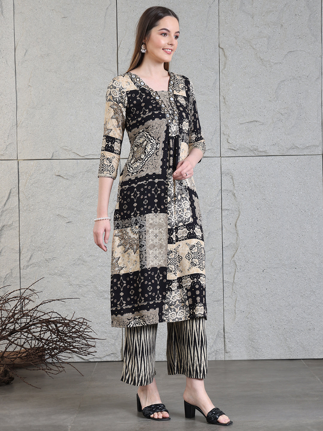 Hand Embroidered & Printed Kurta With Palazzo Pants, Black - Hiral Fashion | Grocsy