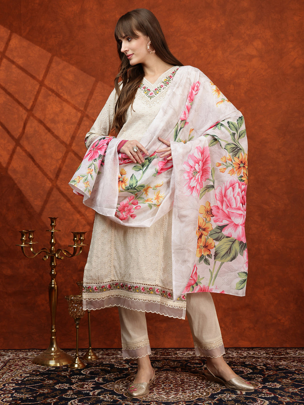 Chikankari & Embroidered Kurta With Pant & Printed Dupatta, White - Hiral Fashion | Grocsy