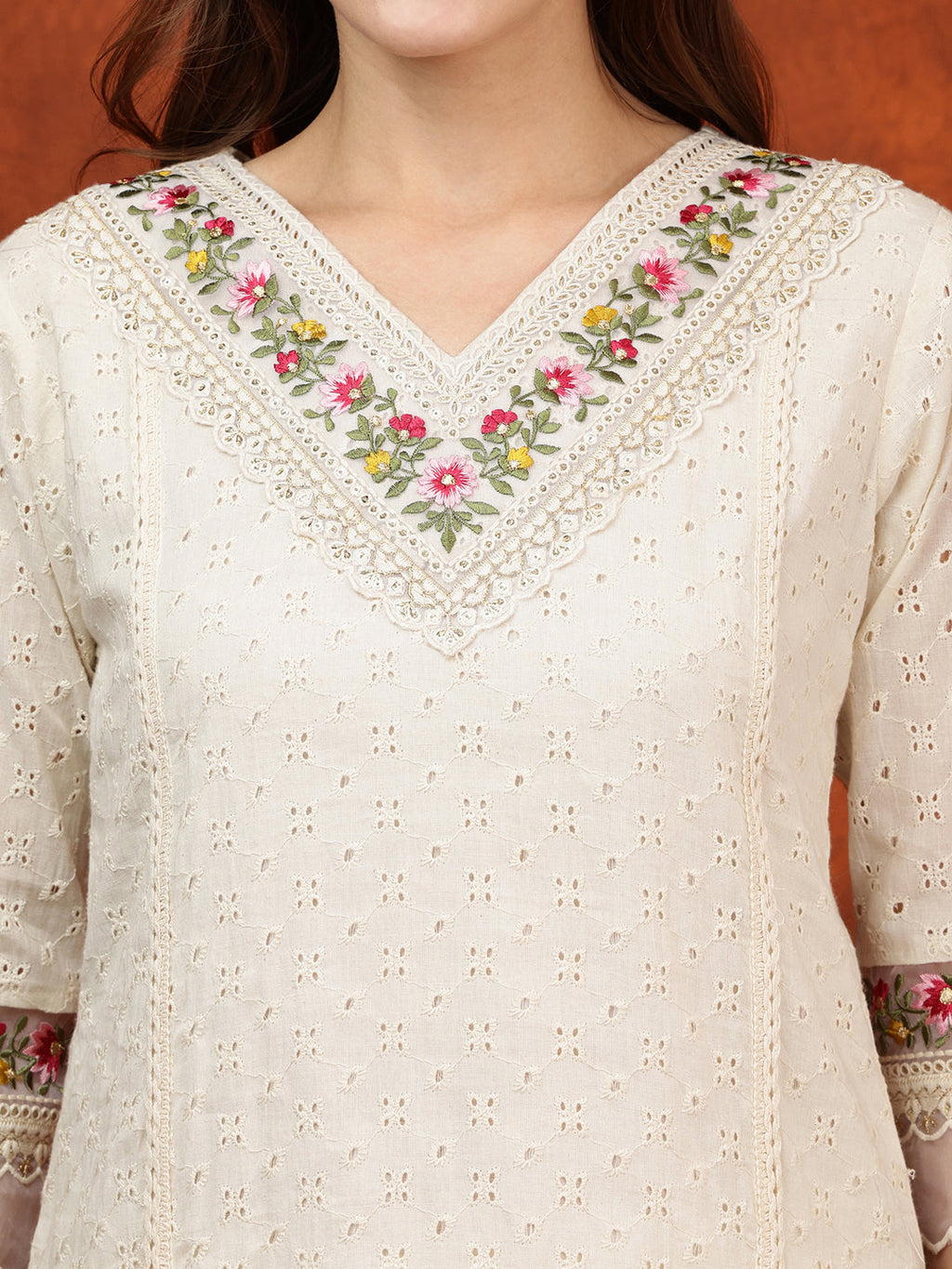 Chikankari & Embroidered Kurta With Pant & Printed Dupatta, White - Hiral Fashion | Grocsy