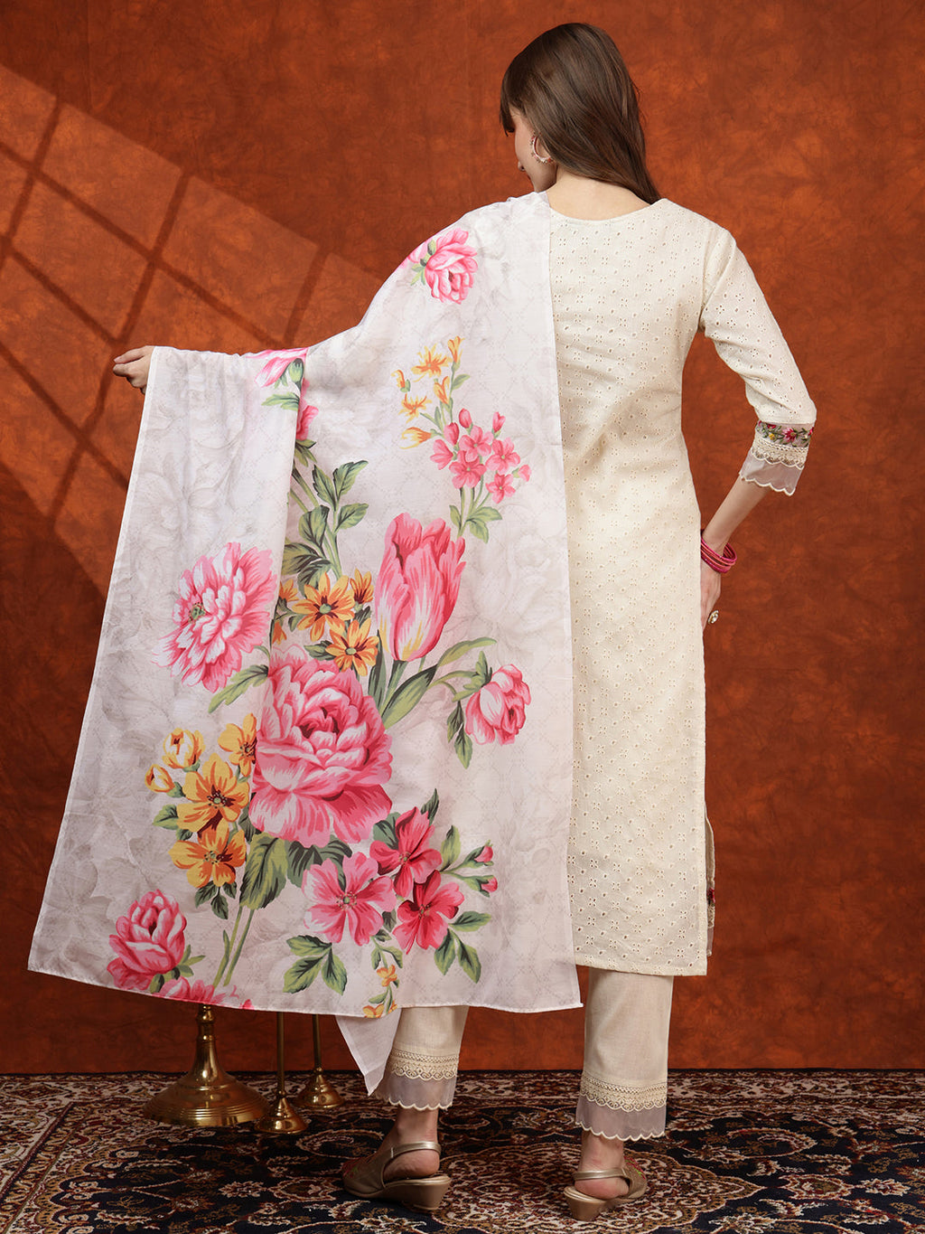 Chikankari & Embroidered Kurta With Pant & Printed Dupatta, White - Hiral Fashion | Grocsy