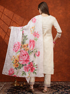 Chikankari & Embroidered Kurta With Pant & Printed Dupatta, White - Hiral Fashion | Grocsy