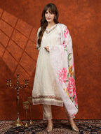 Chikankari & Embroidered Kurta With Pant & Printed Dupatta, White - Hiral Fashion | Grocsy