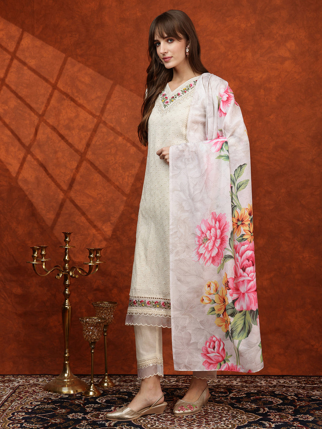 Chikankari & Embroidered Kurta With Pant & Printed Dupatta, White - Hiral Fashion | Grocsy