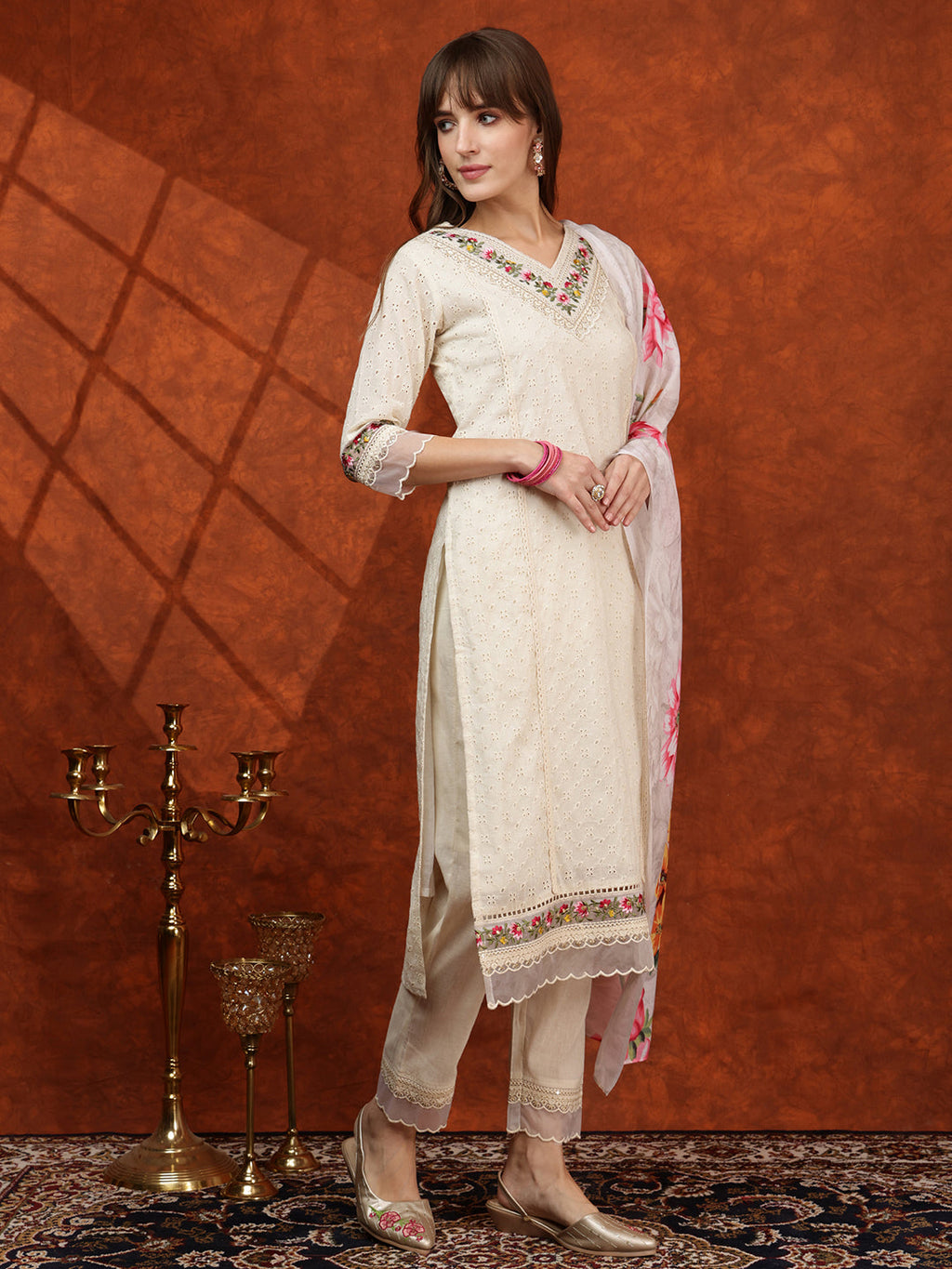 Chikankari & Embroidered Kurta With Pant & Printed Dupatta, White - Hiral Fashion | Grocsy