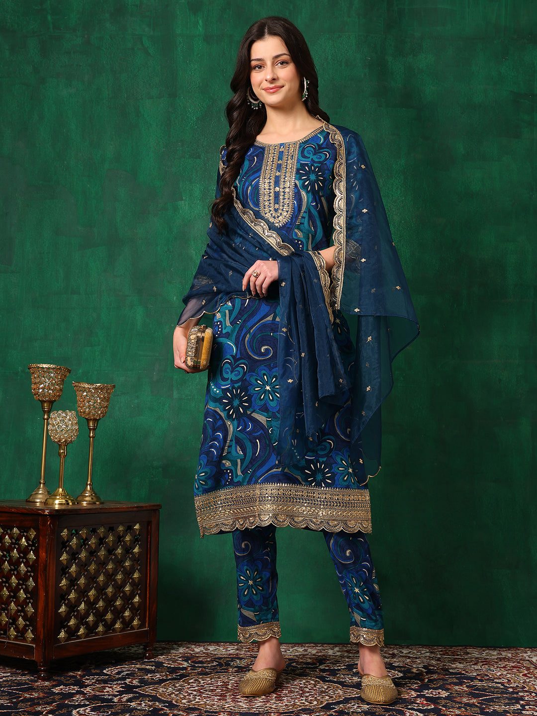Sequined Embroidered & Printed Kurta With Pant & Embroidered Dupatta, Blue - Hiral Fashion | Grocsy