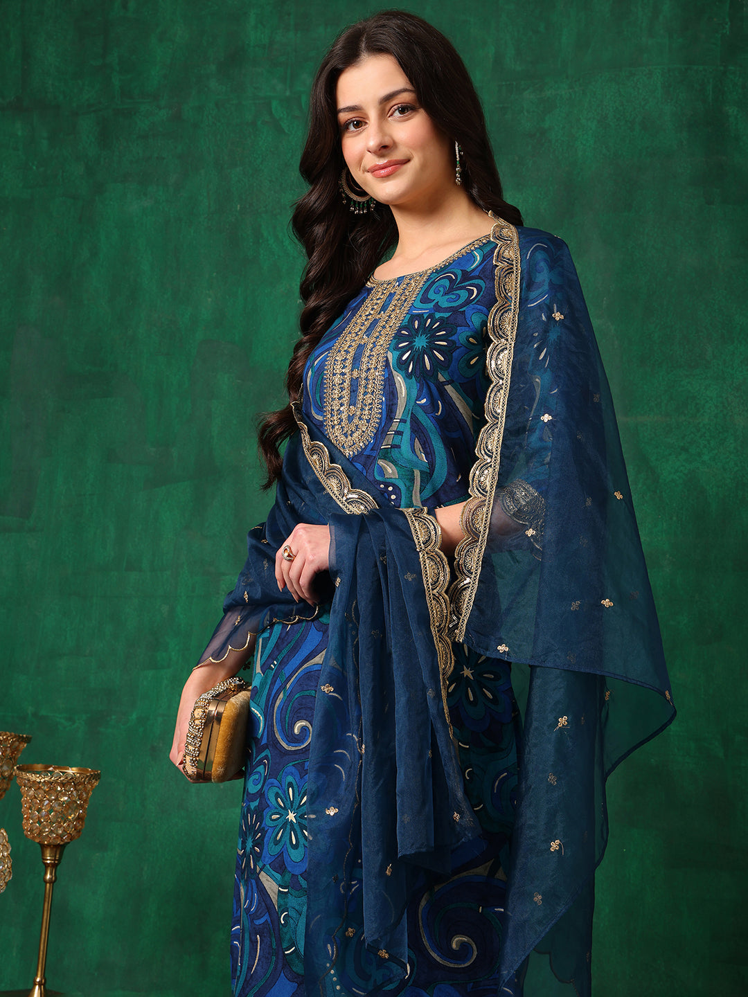 Sequined Embroidered & Printed Kurta With Pant & Embroidered Dupatta, Blue - Hiral Fashion | Grocsy
