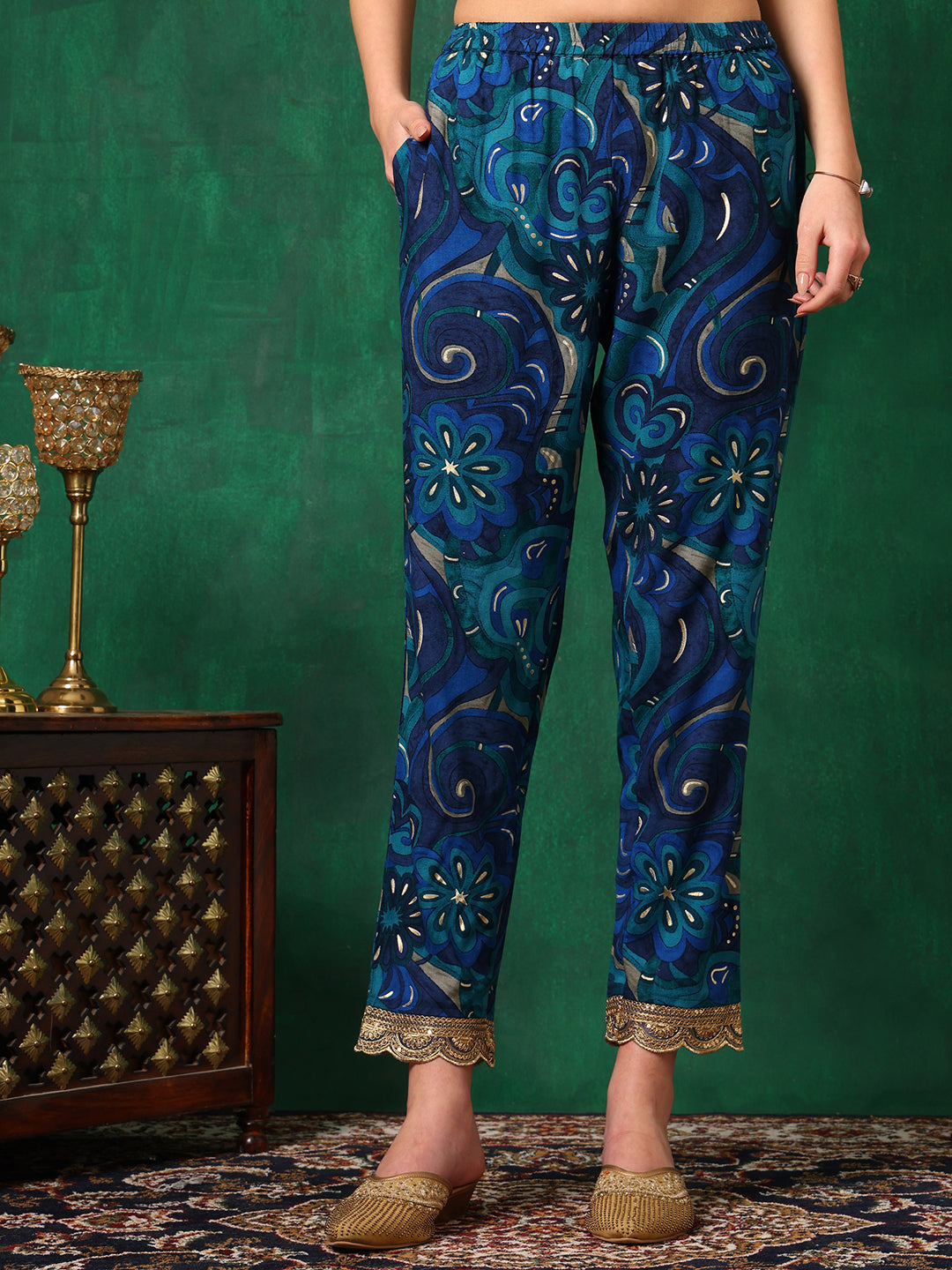 Sequined Embroidered & Printed Kurta With Pant & Embroidered Dupatta, Blue - Hiral Fashion | Grocsy