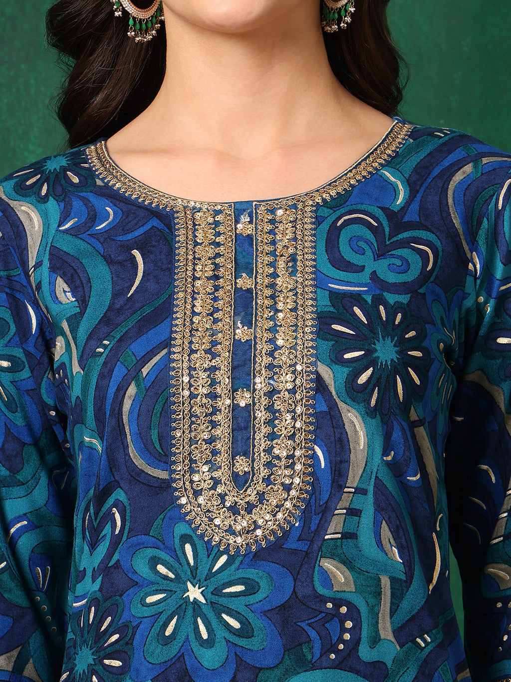 Sequined Embroidered & Printed Kurta With Pant & Embroidered Dupatta, Blue - Hiral Fashion | Grocsy