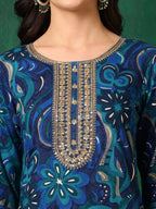 Sequined Embroidered & Printed Kurta With Pant & Embroidered Dupatta, Blue - Hiral Fashion | Grocsy