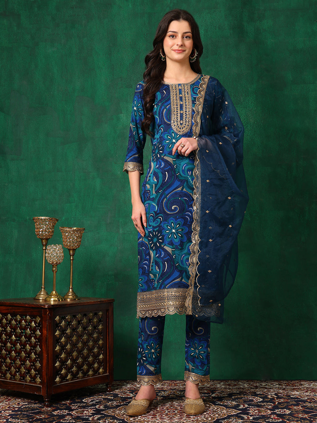 Sequined Embroidered & Printed Kurta With Pant & Embroidered Dupatta, Blue - Hiral Fashion | Grocsy