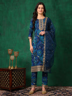 Sequined Embroidered & Printed Kurta With Pant & Embroidered Dupatta, Blue - Hiral Fashion | Grocsy
