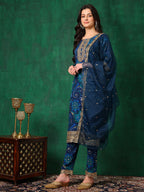 Sequined Embroidered & Printed Kurta With Pant & Embroidered Dupatta, Blue - Hiral Fashion | Grocsy