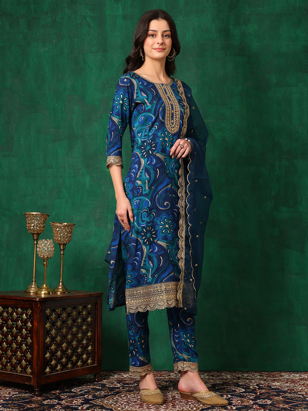 Sequined Embroidered & Printed Kurta With Pant & Embroidered Dupatta, Blue - Hiral Fashion | Grocsy