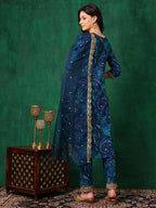 Sequined Embroidered & Printed Kurta With Pant & Embroidered Dupatta, Blue - Hiral Fashion | Grocsy