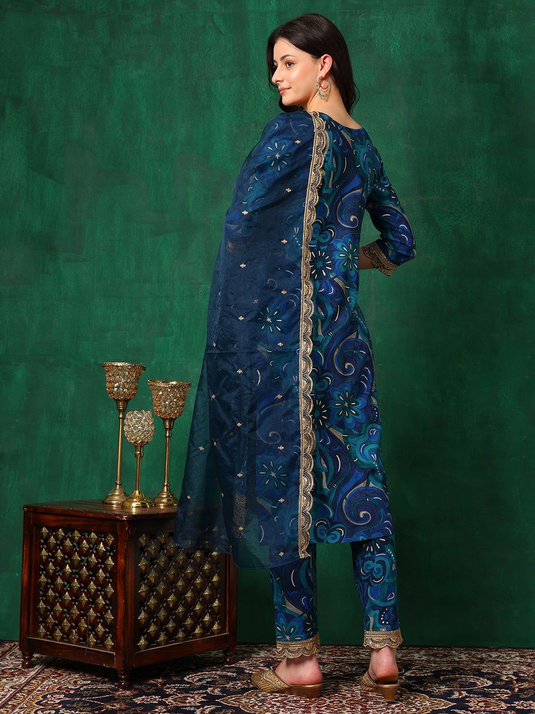 Sequined Embroidered & Printed Kurta With Pant & Embroidered Dupatta, Blue - Hiral Fashion | Grocsy