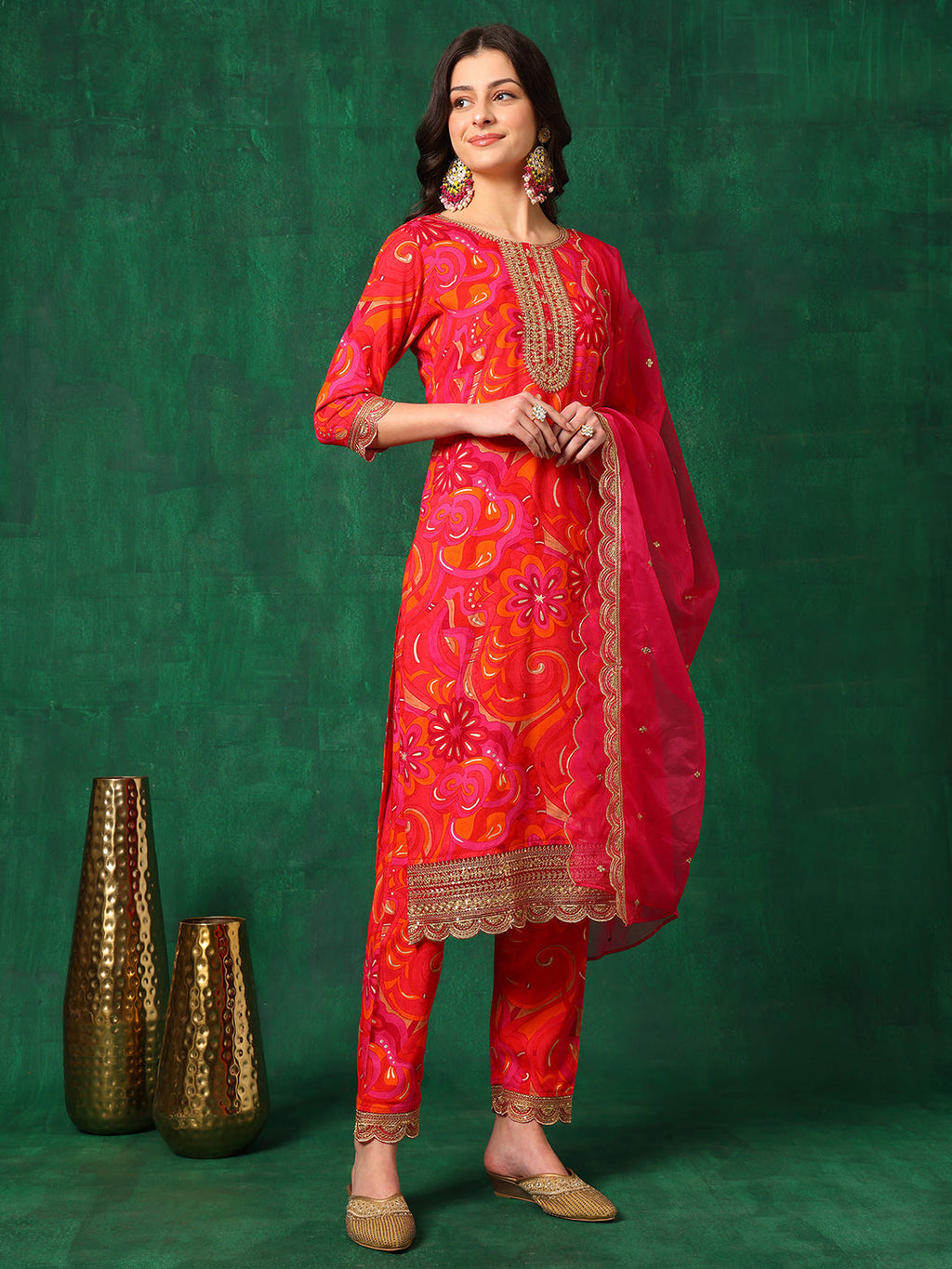 Sequined Embroidered & Printed Kurta With Pant & Embroidered Dupatta, Pink - Hiral Fashion | Grocsy