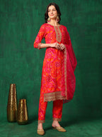Sequined Embroidered & Printed Kurta With Pant & Embroidered Dupatta, Pink - Hiral Fashion | Grocsy