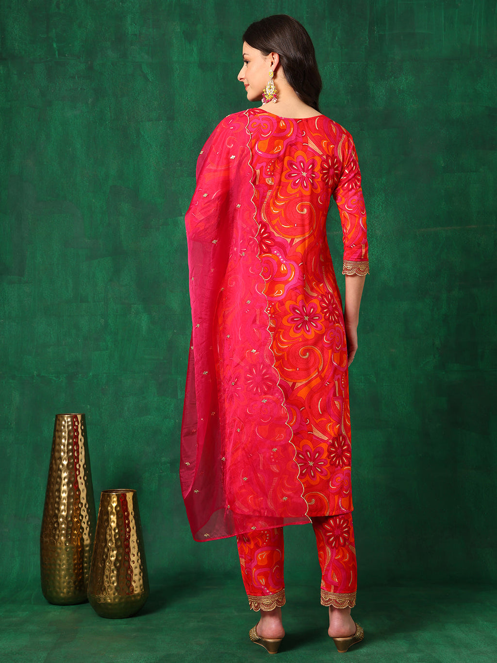 Sequined Embroidered & Printed Kurta With Pant & Embroidered Dupatta, Pink - Hiral Fashion | Grocsy