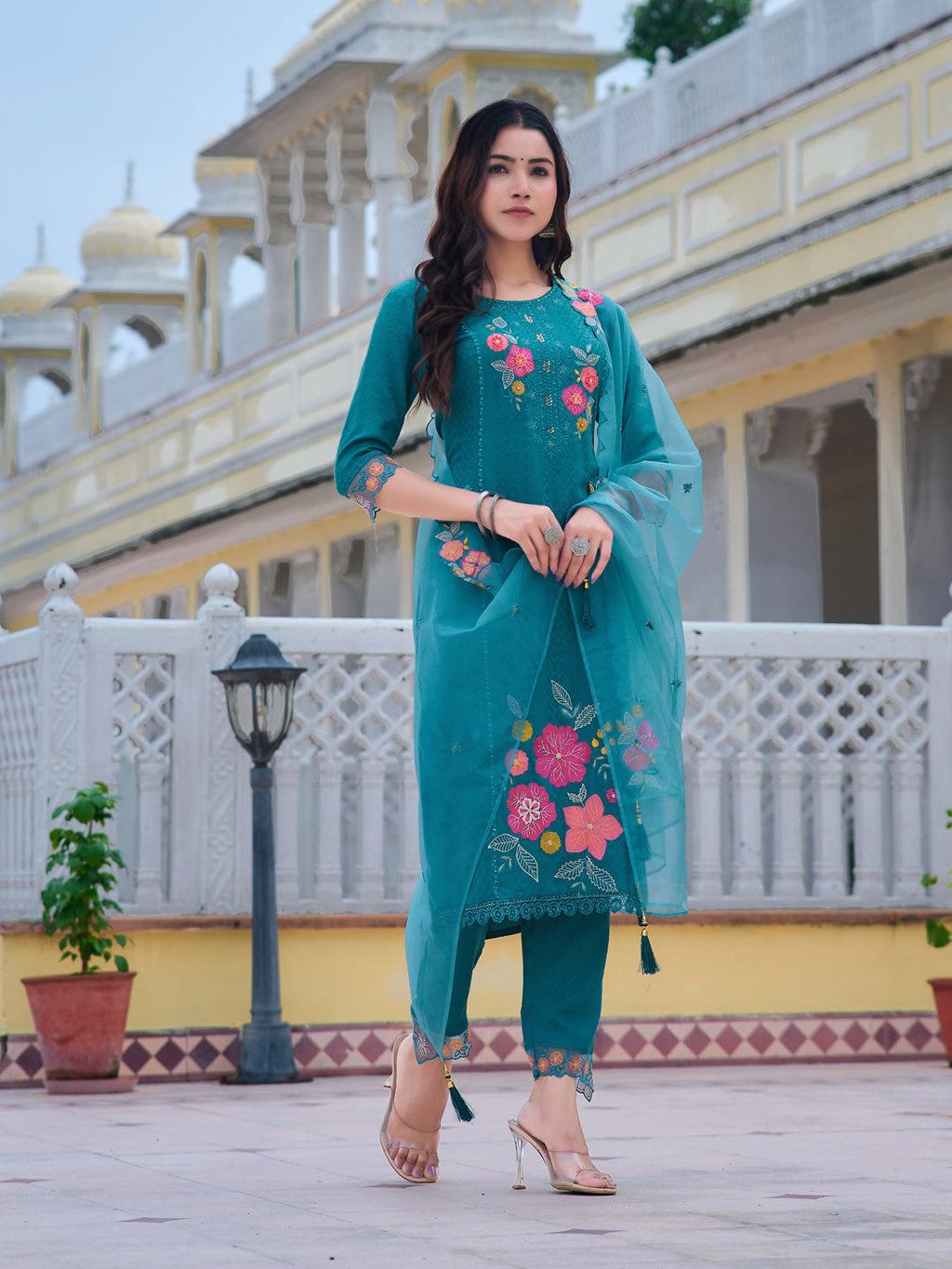 Hand & Machine Embroidered Kurta With Pant & Embroidered Dupatta, Blue - Hiral Fashion | Grocsy