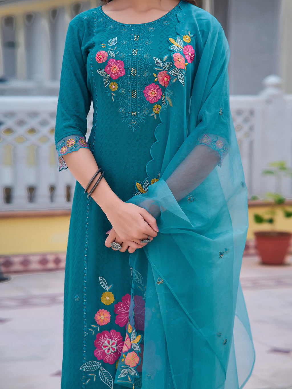 Hand & Machine Embroidered Kurta With Pant & Embroidered Dupatta, Blue - Hiral Fashion | Grocsy