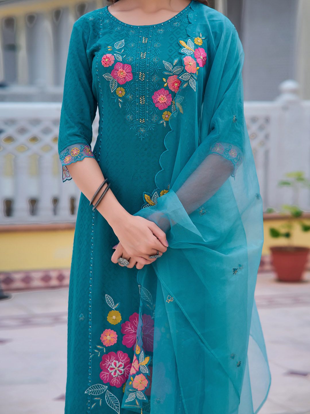 Hand & Machine Embroidered Kurta With Pant & Embroidered Dupatta, Blue - Hiral Fashion | Grocsy