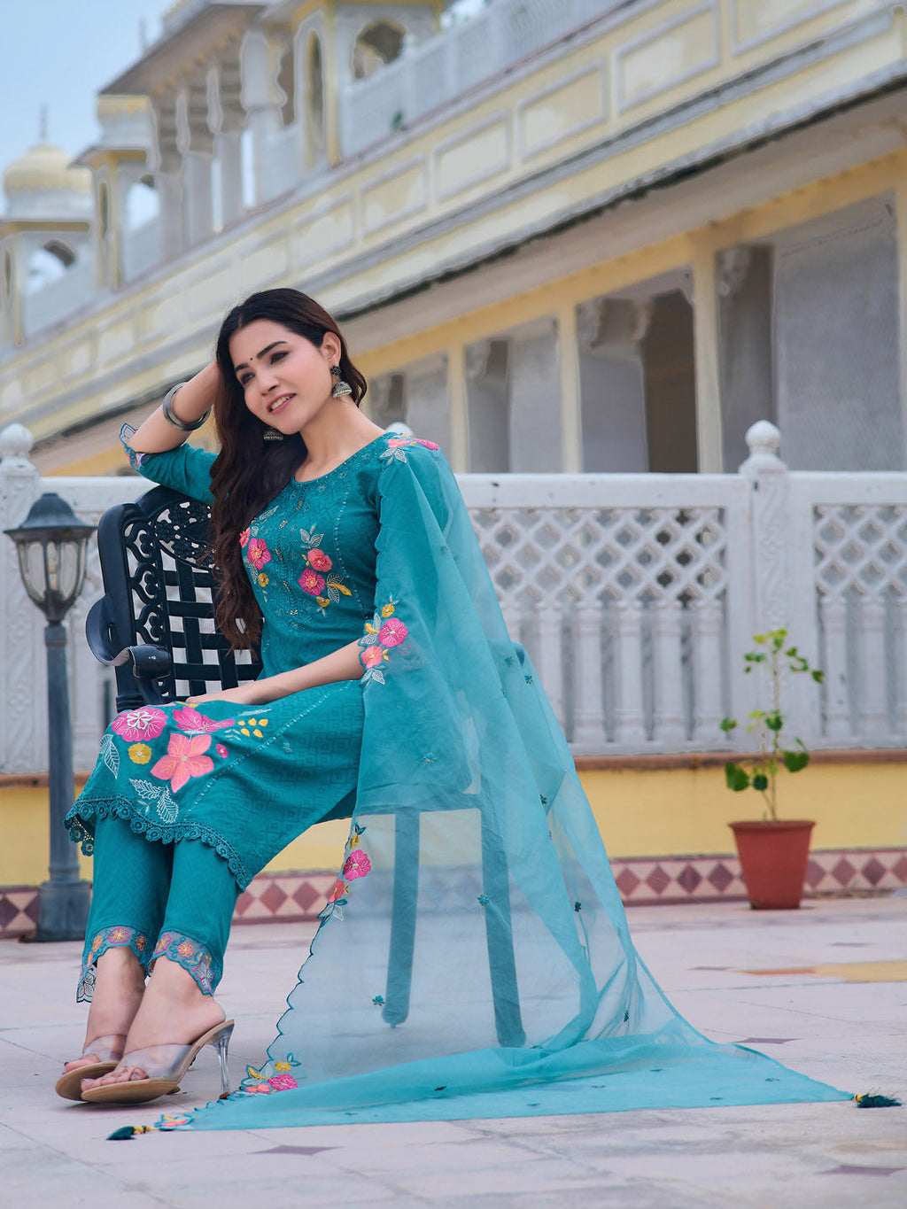 Hand & Machine Embroidered Kurta With Pant & Embroidered Dupatta, Blue - Hiral Fashion | Grocsy