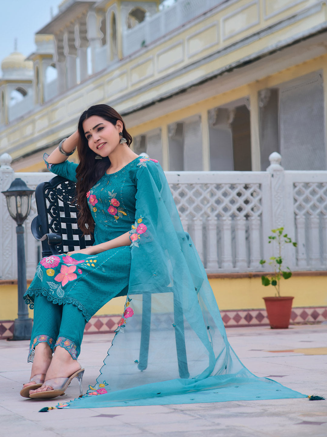 Hand & Machine Embroidered Kurta With Pant & Embroidered Dupatta, Blue - Hiral Fashion | Grocsy
