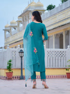 Hand & Machine Embroidered Kurta With Pant & Embroidered Dupatta, Blue - Hiral Fashion | Grocsy