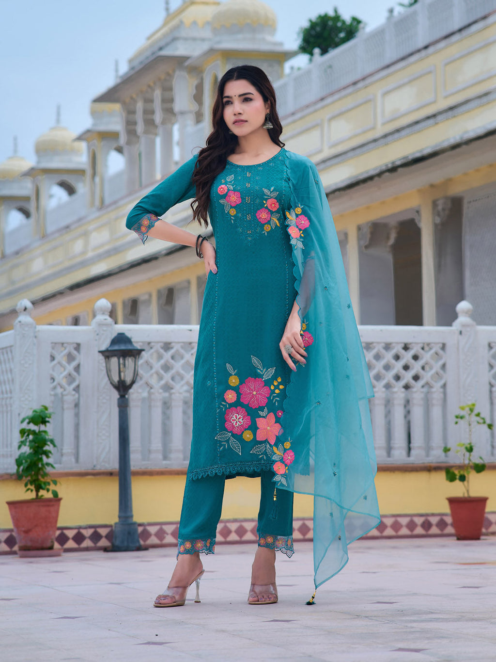 Hand & Machine Embroidered Kurta With Pant & Embroidered Dupatta, Blue - Hiral Fashion | Grocsy