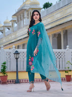 Hand & Machine Embroidered Kurta With Pant & Embroidered Dupatta, Blue - Hiral Fashion | Grocsy