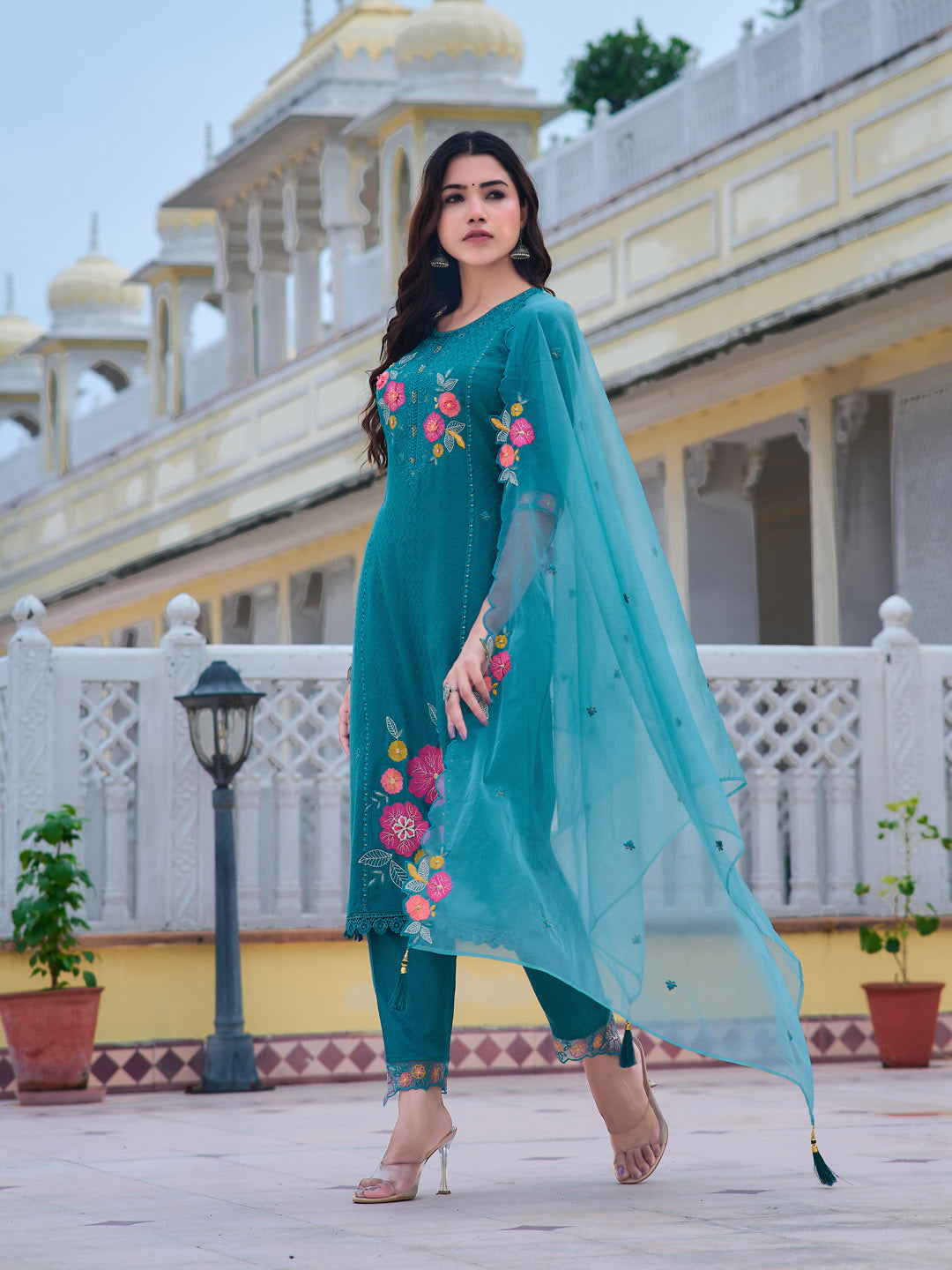 Hand & Machine Embroidered Kurta With Pant & Embroidered Dupatta, Blue - Hiral Fashion | Grocsy