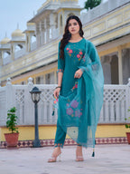 Hand & Machine Embroidered Kurta With Pant & Embroidered Dupatta, Blue - Hiral Fashion | Grocsy