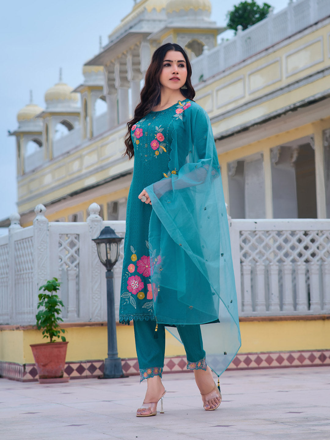 Hand & Machine Embroidered Kurta With Pant & Embroidered Dupatta, Blue - Hiral Fashion | Grocsy