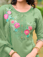 Hand & Machine Embroidered Kurta With Pant & Embroidered Dupatta, Green - Hiral Fashion | Grocsy