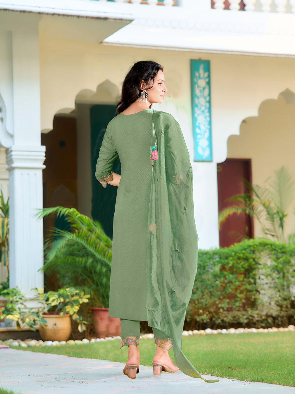 Hand & Machine Embroidered Kurta With Pant & Embroidered Dupatta, Green - Hiral Fashion | Grocsy