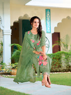 Hand & Machine Embroidered Kurta With Pant & Embroidered Dupatta, Green - Hiral Fashion | Grocsy