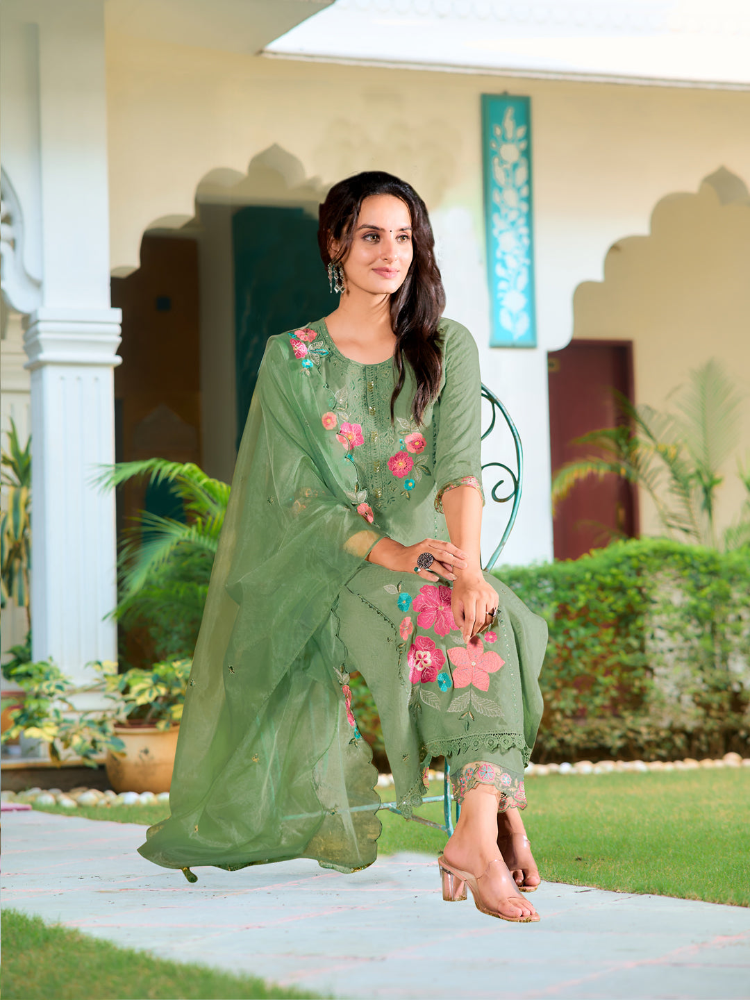 Hand & Machine Embroidered Kurta With Pant & Embroidered Dupatta, Green - Hiral Fashion | Grocsy