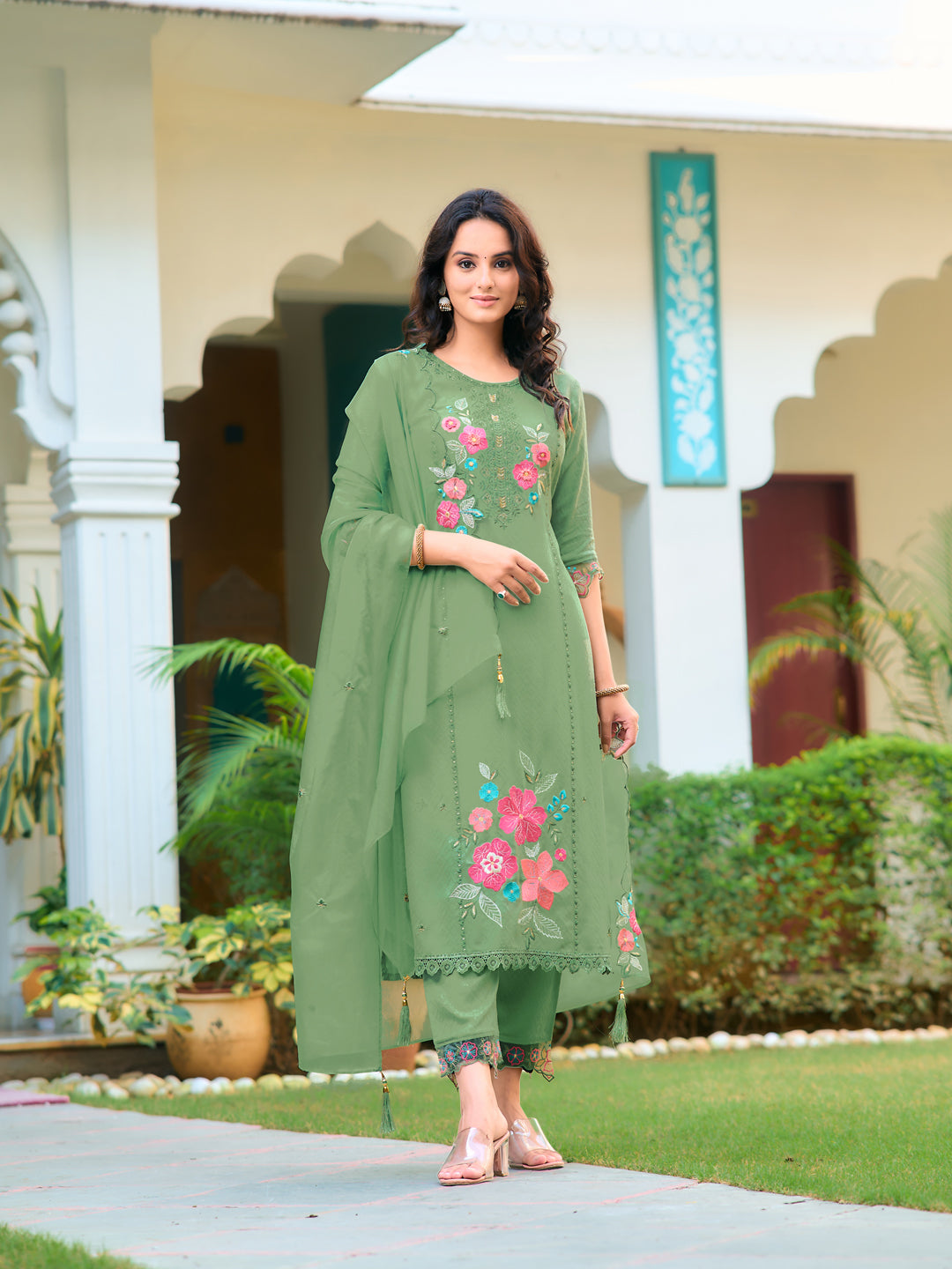 Hand & Machine Embroidered Kurta With Pant & Embroidered Dupatta, Green - Hiral Fashion | Grocsy