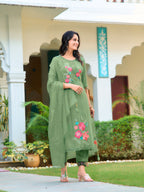 Hand & Machine Embroidered Kurta With Pant & Embroidered Dupatta, Green - Hiral Fashion | Grocsy