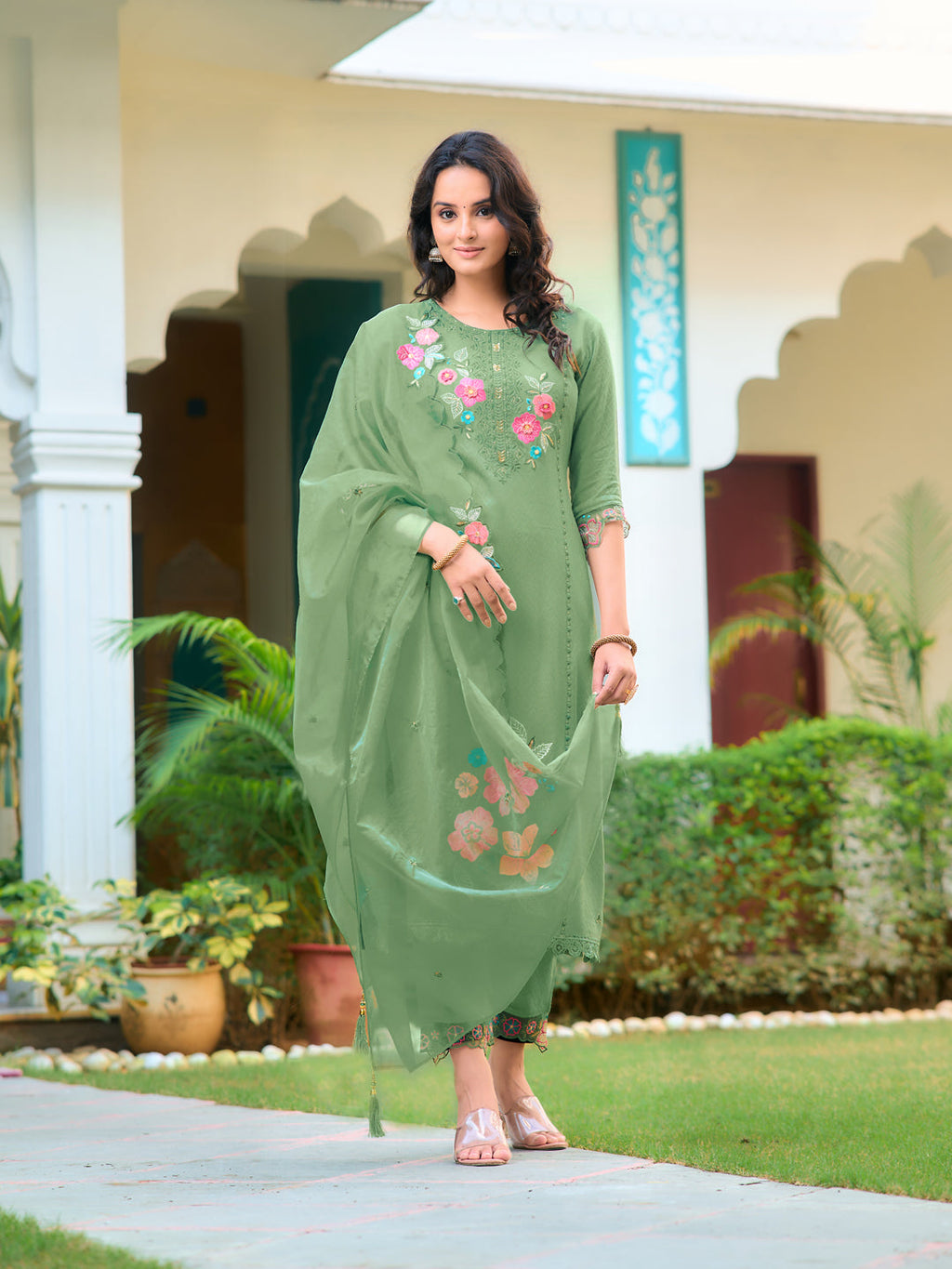 Hand & Machine Embroidered Kurta With Pant & Embroidered Dupatta, Green - Hiral Fashion | Grocsy