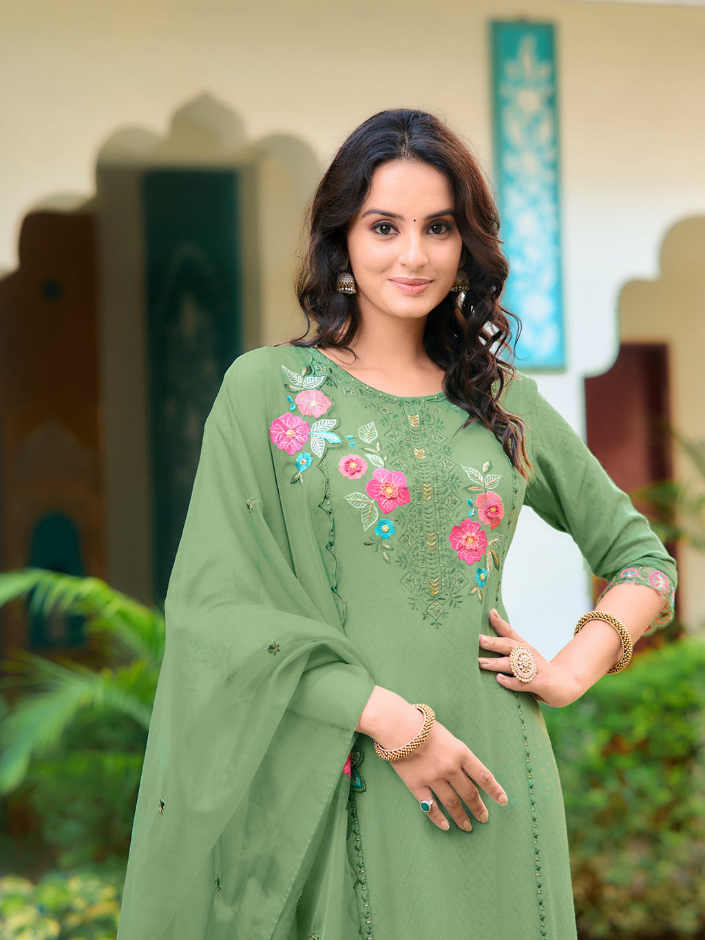 Hand & Machine Embroidered Kurta With Pant & Embroidered Dupatta, Green - Hiral Fashion | Grocsy