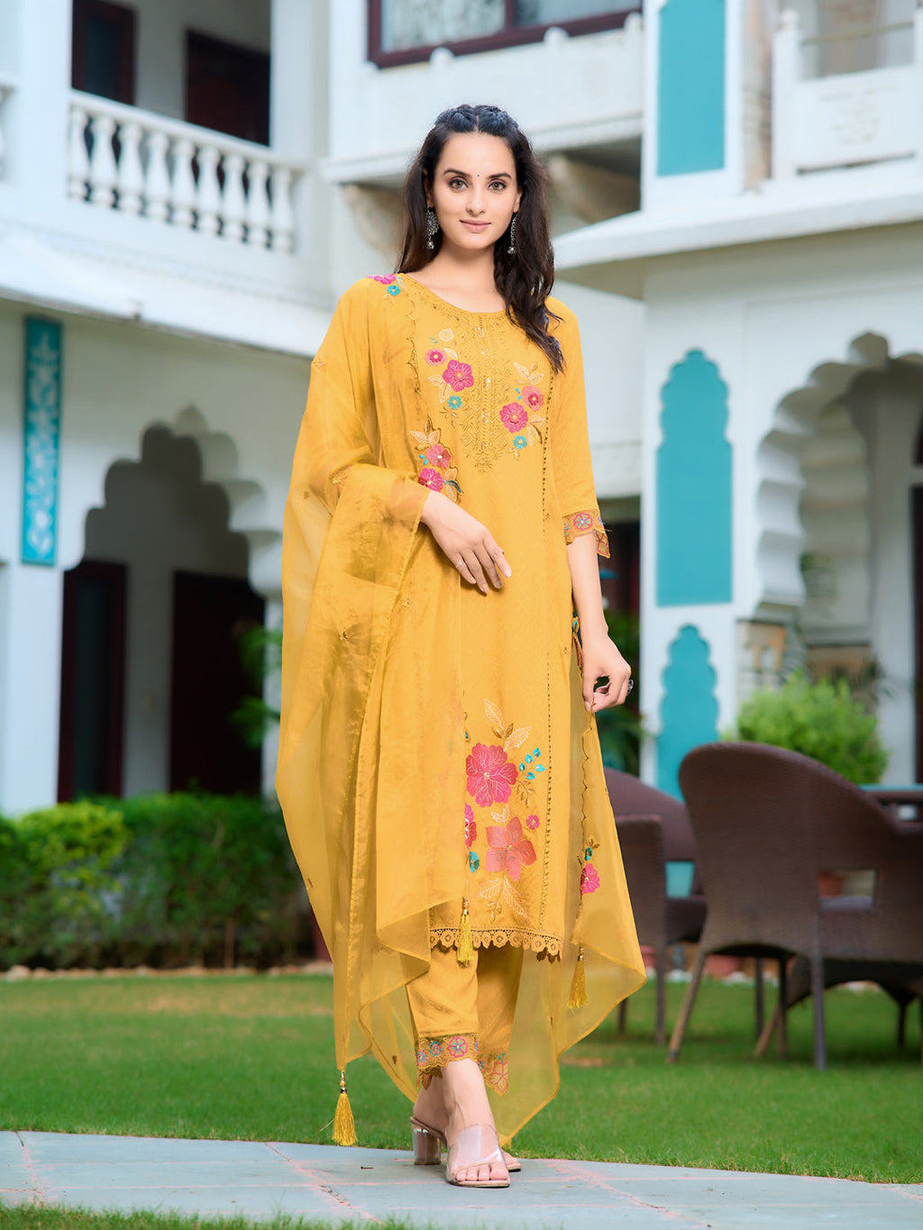 Hand & Machine Embroidered Kurta With Pant & Embroidered Dupatta, Yellow - Hiral Fashion | Grocsy