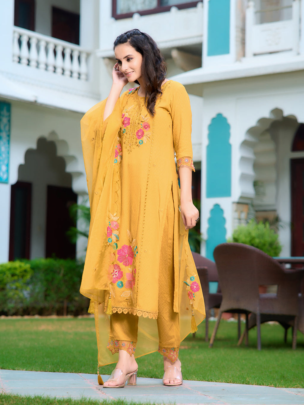 Hand & Machine Embroidered Kurta With Pant & Embroidered Dupatta, Yellow - Hiral Fashion | Grocsy