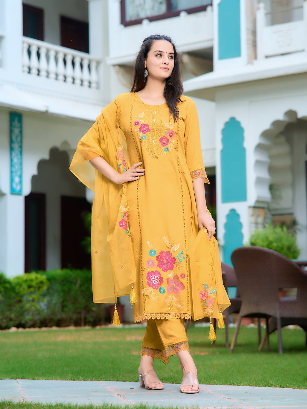Hand & Machine Embroidered Kurta With Pant & Embroidered Dupatta, Yellow - Hiral Fashion | Grocsy