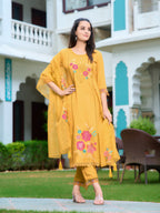 Hand & Machine Embroidered Kurta With Pant & Embroidered Dupatta, Yellow - Hiral Fashion | Grocsy
