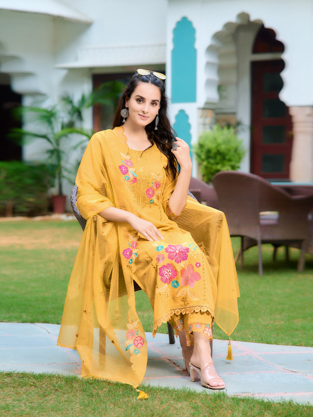 Hand & Machine Embroidered Kurta With Pant & Embroidered Dupatta, Yellow - Hiral Fashion | Grocsy